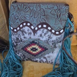 Myra Bag Teal and Brown Crossbody with Fringe